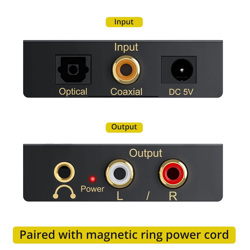 PROZOR 192KHz Digital to Analog Audio Converter Support 5.1CH Optical to RCA Converter with Magnetic Ring Power Cord + 5V 1A Power Supply Adapter