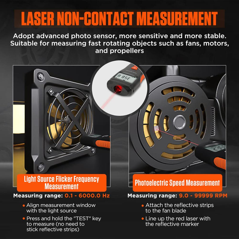 Tachometer Contact & Non-contact Digital Tachometer 4 Test Mode Laser Photo Tachometer 1.0～99999RPM High Accuracy RPM Tachometer with 4 Contact Probes, Backlit Display, Data Memory/Hold,Auto Power Off