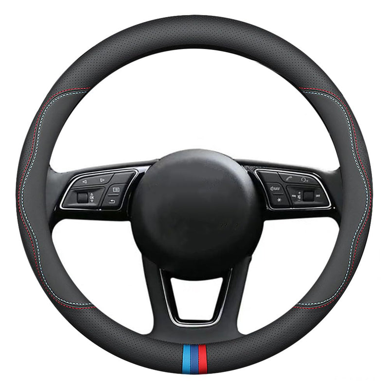 New Nappa Leather car Steering Wheel Cover, Universal 15 inch Black Black(red and Blue Signs)