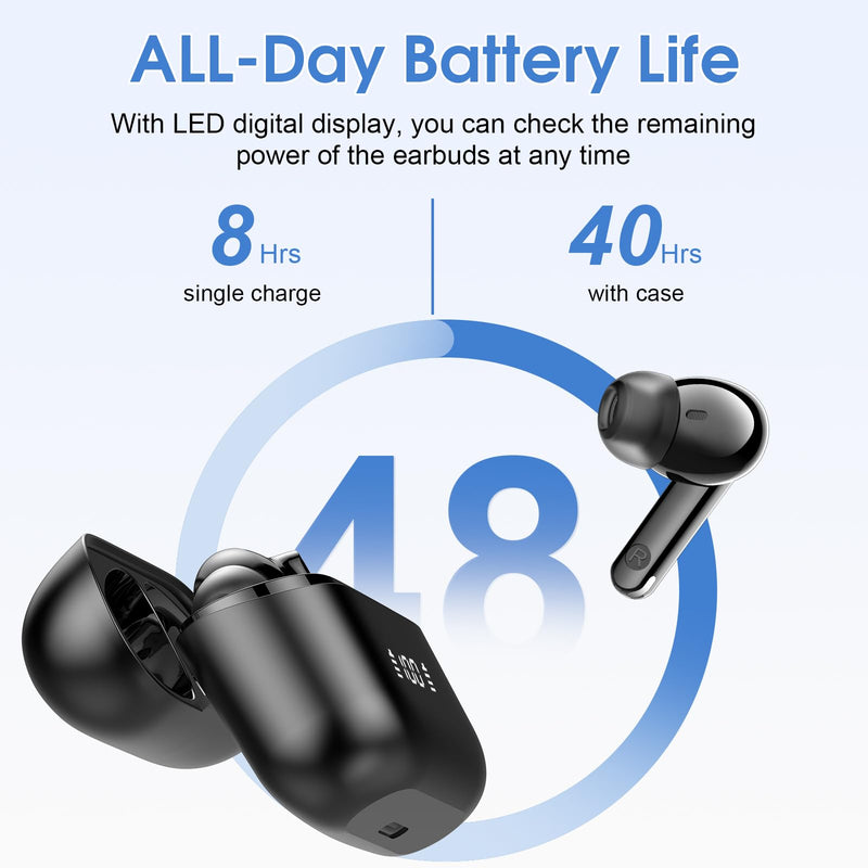 Thunelec Wireless Earbuds Bluetooth 5.4 Headphones 48H Playback HiFi Stereo | Bluetooth Ear Buds with Real Time Translation, in Ear Sports Earphones with ENC Noise Cancelling Mic for Android/iOS Phones Dark Black