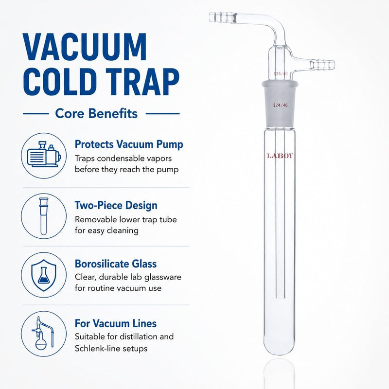 Laboy Glass Vacuum Cold Trap, 2-Piece Heavy-Wall Borosilicate Glass, 24/40 Standard Taper Joint, 200mm Length Below Joint, 10mm Serrated Hose Barbs, Vapor Protection for Schlenk Line & Vacuum Pump | Pump Oil Protection
