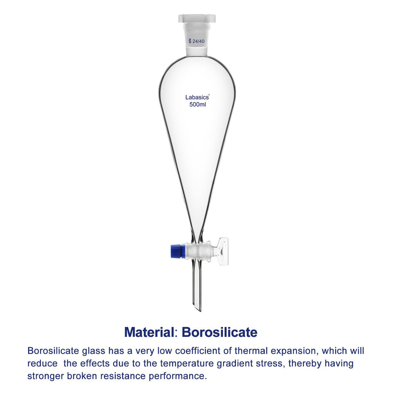 Labasics Borosilicate Glass 500mL Conical Separatory Funnel with Glass Stopcock, Ideal for Liquid Separation in Laboratories