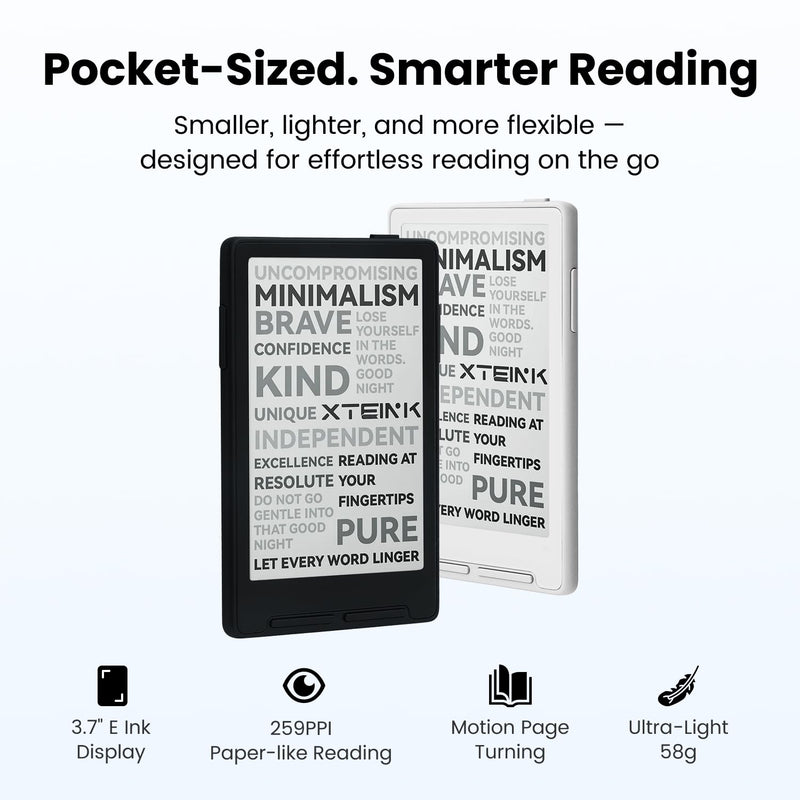XTEINK X3 3.7" Pocket E-Ink eBook Reader, Space Black | Ultra-thin 0.2" design with magnetic pogo-pin charging, gyroscope page-turn, 16GB storage, and distraction-free reading