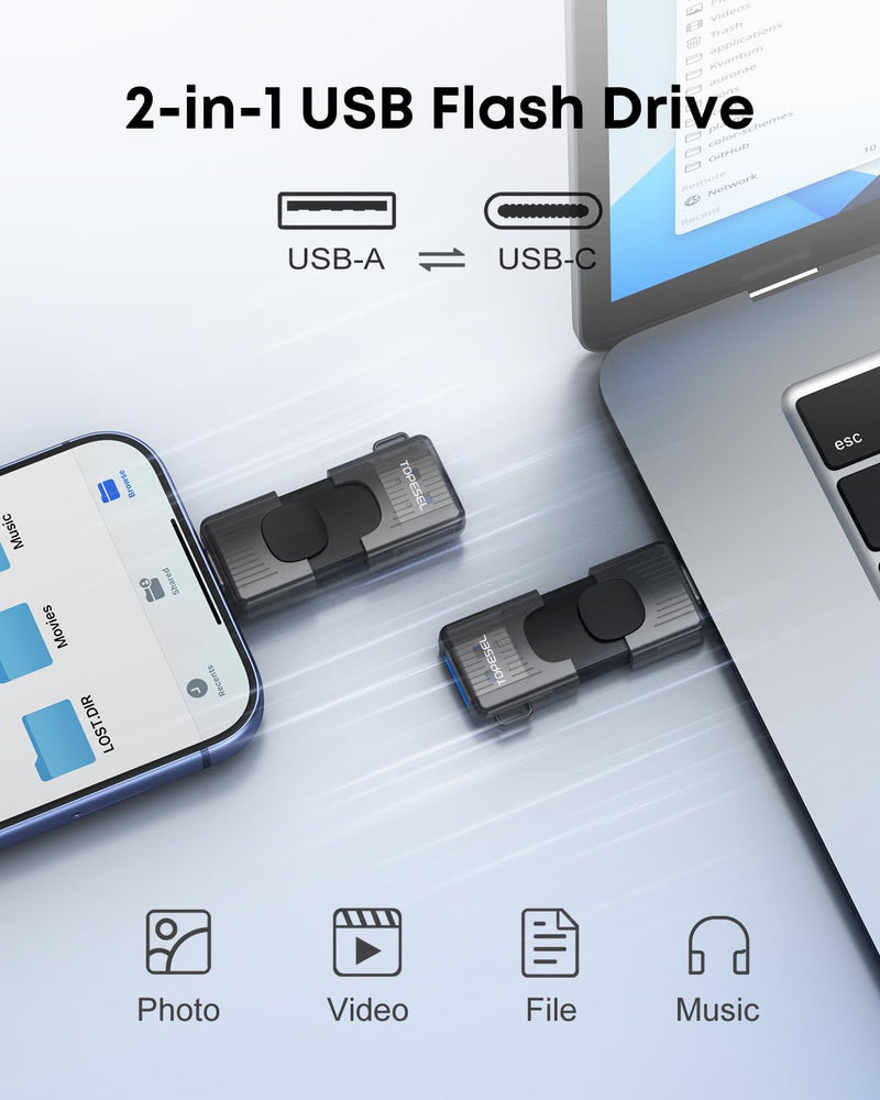 TOPESEL USB Drive 64GB USB C Flash Drive up to 110MB/s USB 3.2 Gen 1 Thumb Drive Push-Pull USB Stick Portable Memory Stick for iPhone 15/16/17 Android Smartphone Tablet Laptop Car Audio Smart TV Black 64GBX1