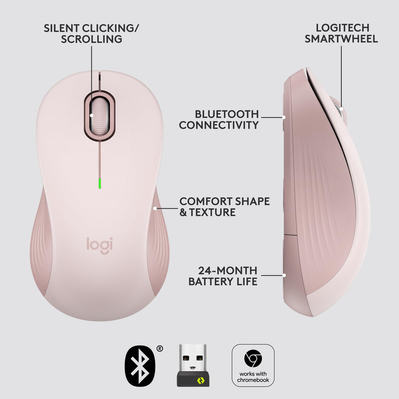 Logitech Signature M550 Wireless Mouse - For Small to Medium Sized Hands, 2-Year Battery, Silent Clicks, Bluetooth, Multi-Device Compatibility - Rose Small / Medium Size