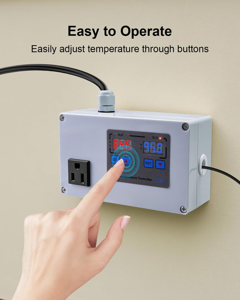 1100W Digital Temperature Controller, 110V 10A Thermostat Switch with Waterproof NTC 10K Sensor Probe, for Refrigerator Freezer Aquarium Heaters or Cooling Devices