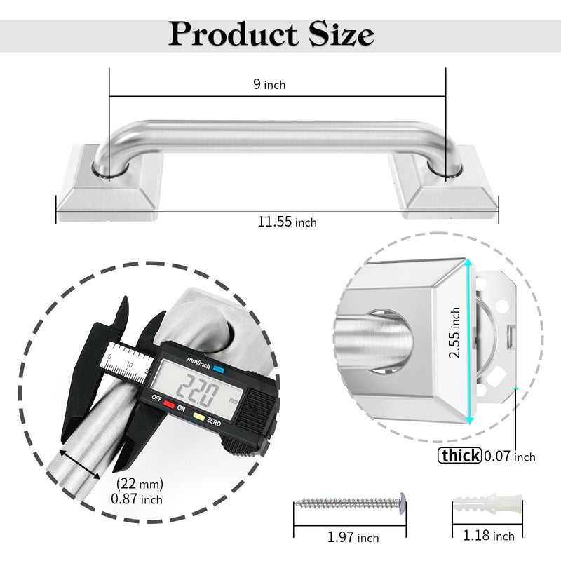 9 Inch Bathroom Grab Bar, Anti Slip Square Shower Bars Safety, 304 Stainless Steel Shower Handles,Hand Rails for for Children, Senior, Elderly, Handicap 9 Inch