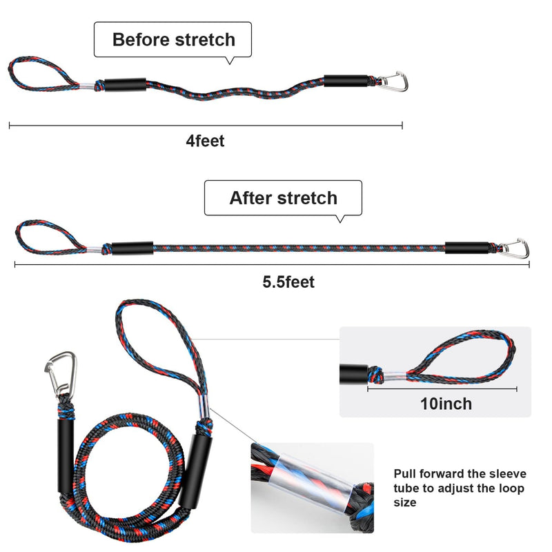 Boat Bungee Dock Lines with Clips - Shock-Absorbing Jet Ski Dock Line, PWC Accessories, Boat Mooring Line/Tie Downs for Bass Boat, Fishing Pontoon, Dinghy - 4Feet 1 Loop 1 Clip End Black Blue Red