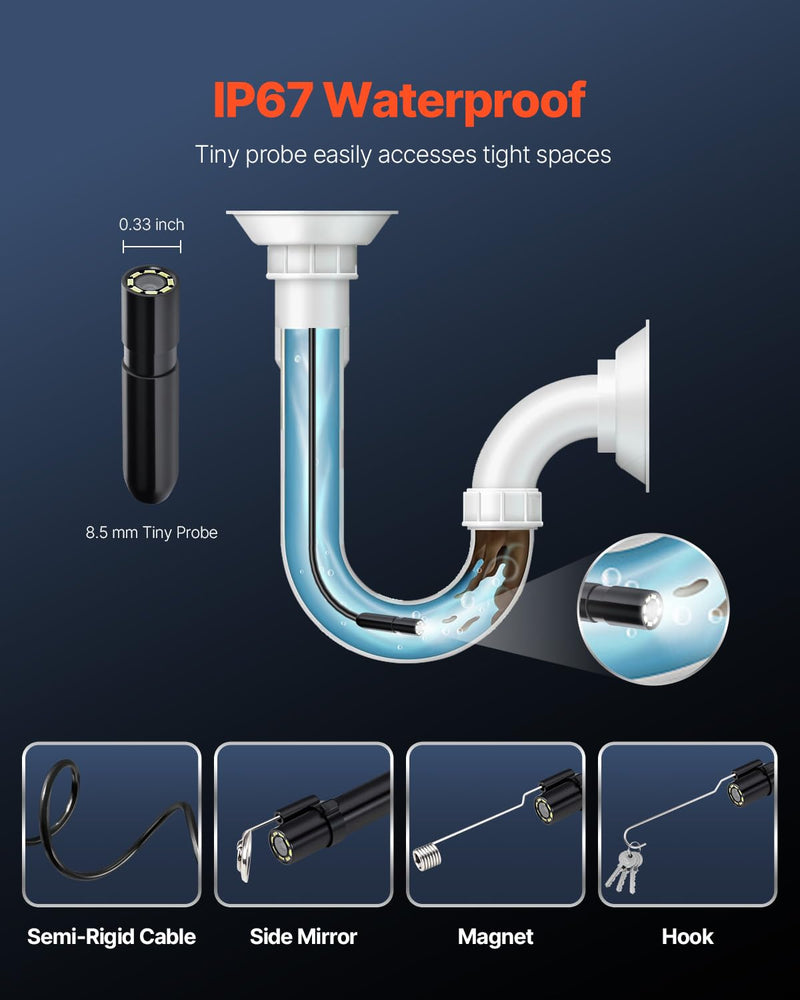 VEVOR Endoscope Camera with 49.2FT Semi-Rigid Cable, 1920P HD Borescope for Android & iOS, Industrial Inspection Tool with Light - 8 LED, 2X Zoom, IP67 Waterproof Snake Camera for Auto, Plumbing