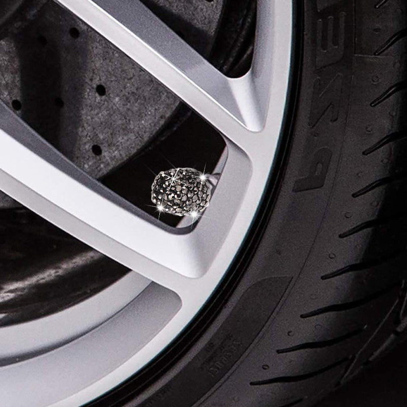 Valve Stem Caps, 4 Pack Handmade Black Crystal Rhinestone Universal Car Tire Valve Caps Chrome,Attractive Dustproof Bling Car Accessories - Black Diamond