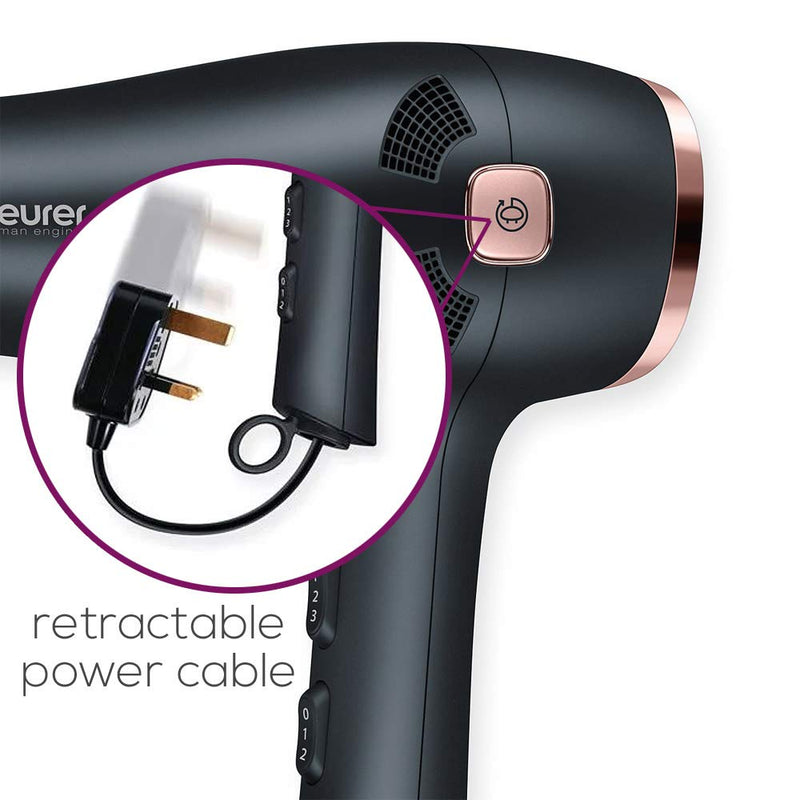 Beurer Style Pro HC55 Hair Dryer With Cable Rewind, 2000-Watt Hair Dryer With Integrated Ion Function, Slim Nozzle Attachment & Volume Diffuser Attachment, 3 Heat Settings, 2 Speed Settings- Black
