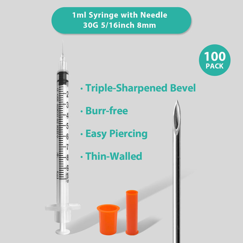 Syringes with Needle, 100 Pack U-100 1ml 30G 5/16" (8mm) Disposable Syringe, Lab Supplies Individual Wrapped 1CC 30G 5/16"