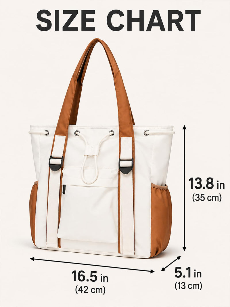 Drawstring Tote Purse for Women Beige Multi-Pocket Crossbody Bag Large Laptop Compartment Handbag White