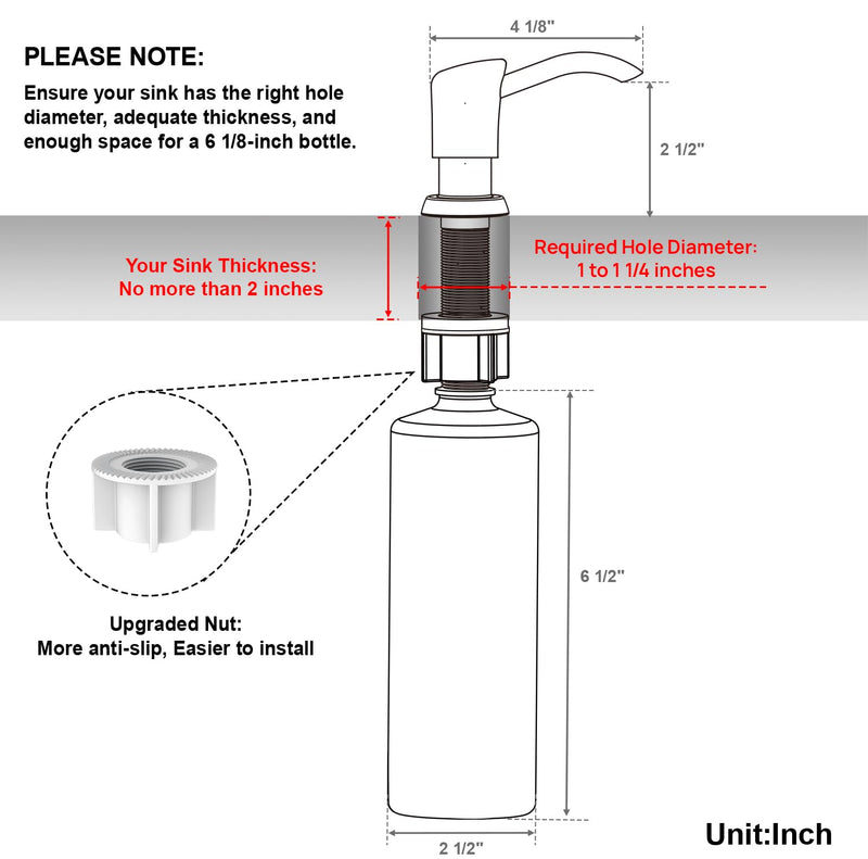 GAGALIFE Built in Sink Soap Dispenser or Lotion Dispenser for Kitchen Sink, Brushed Nickel ABS Pump Head, with 17 Ounce Large PET Soap Bottle