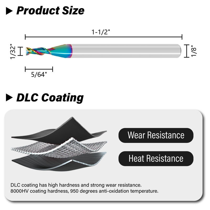 3pcs 1/32" Tungsten Carbide Micro End Mills for Aluminum & Copper Alloys, 2-Flute DLC Coated Endmills Set CNC Milling Bits - HRC55 3 1/32 in