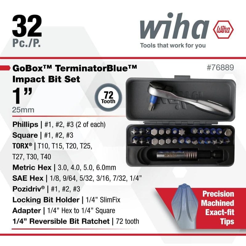 Wiha 76889 32 Piece GoBox TerminatorBlue Impact Bit Set with Mini Ratchet Impact + Mini Ratchet Set, 32 piece