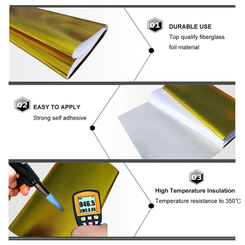 12'' X 48'' Gold Adhesive Heat Shield ReflectiveTape Wrap Roll Compatible Thermal Barrier Adhesive Backed Heat Sleeve Up To 2000 Degrees Fahrenheit with Car Intake Pipe, Engine Bay etc. 12'' X 48''