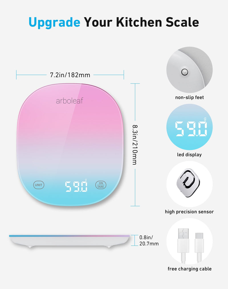 arboleaf Food Scale Rechargeable, Food Scales Digital Weight Grams and oz, Kitchen Scales Digital Weight, Smart Baking Measuring Food Scales for Kitchen Gift, Weight Loss, 0.1oz/0.5g, 22lbs/10kg Colour