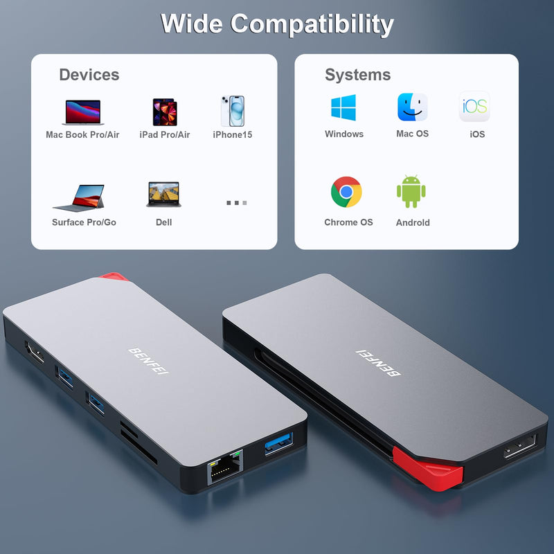 BENFEI 9in1 USB C MST Laptop Docking Station, USB-C Hub with HDMI DisplayPort Dual Monitor/3*USB Type-A/1*USB Type-C(10Gbps+100W PD)/SD/TF Card Reader/1*RJ45