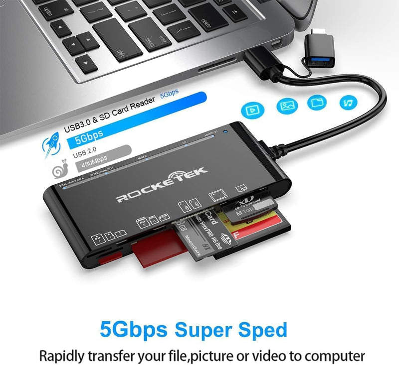 USB C Memory Card Reader, USB 3.0 7-in-1 SD CF XD MS Card Reader | Dual USB-A & USB-C Multi Card Adapter for SD, Micro SD, CF, XD & MS Cards, 5Gbps Data Transfer, Plug & Play Black