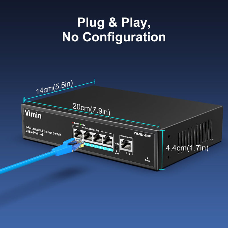 VIMIN 4 Port Gigabit PoE Switch with 2 Port PoE Extender, Black, RJ45, Supports IEEE802.3af/at, 72W, 1 Layer, 5Gbps, Compatible with Camera, Printer, Laptop, Plastic Case, Indoor Use, Plug and Play