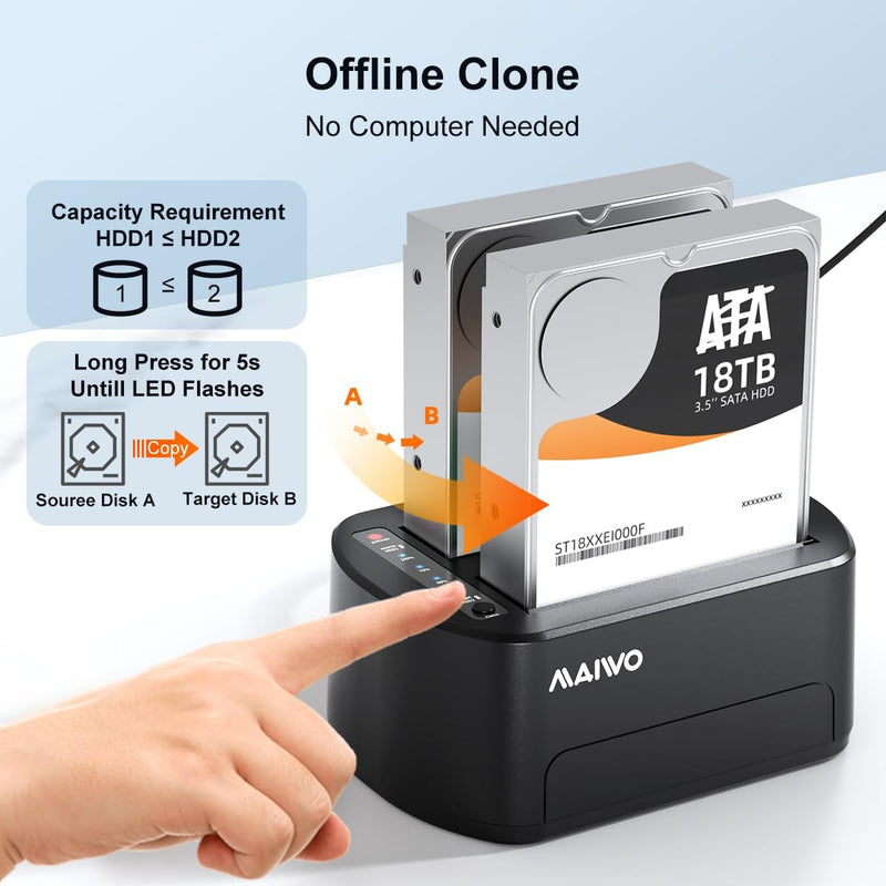 MAIWO External Hard Drive Docking Station with Offline Clone for 2.5/3.5" SATA HDD/SSD, 5Gbps with UASP, 48TB Capacity, Dual Bay USB 3.0 to SATA Adapter Duplicator