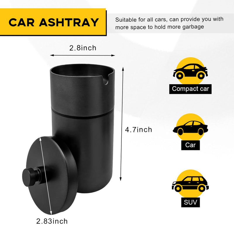 Car Ashtray with Lid, Stainless Steel Smokeless Smell Proof Auto Ash Tray, Detachable Mini Portable Cup Holder Cigarette Ashtray for Vehicle Office Home, Car Accessories (Black) Black