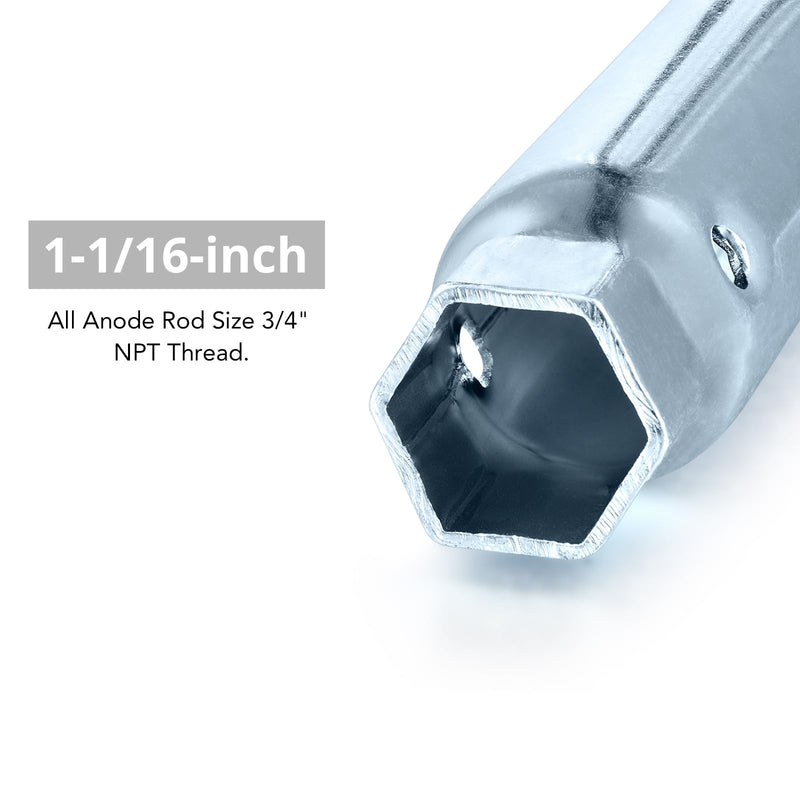 RV Water Heater Element Wrench Socket, Dual Hex Wrench Removal Tool for Anode Rod, 1-1/16 in x 1-1/2 in x 6 in, Hex Socket for All Residential and RV Camper Travel Trailer Motorhome