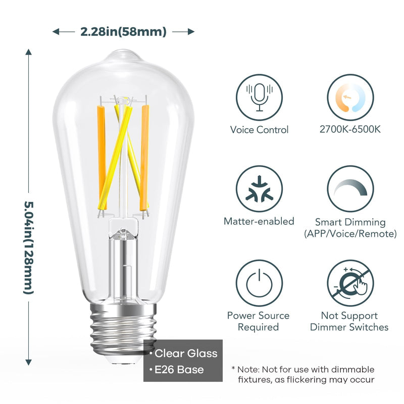 Linkind Matter Smart Light Bulb, ST19 (ST58) Smart Edison Bulbs, 2700K-6500K Warm White to Daylight E26 LED Bulb 8W 60W 800LM, Work with Alexa, Google/Apple Home, SmartThings, 2.4GHz WiFi, 4 Pack 4 Pack Matter