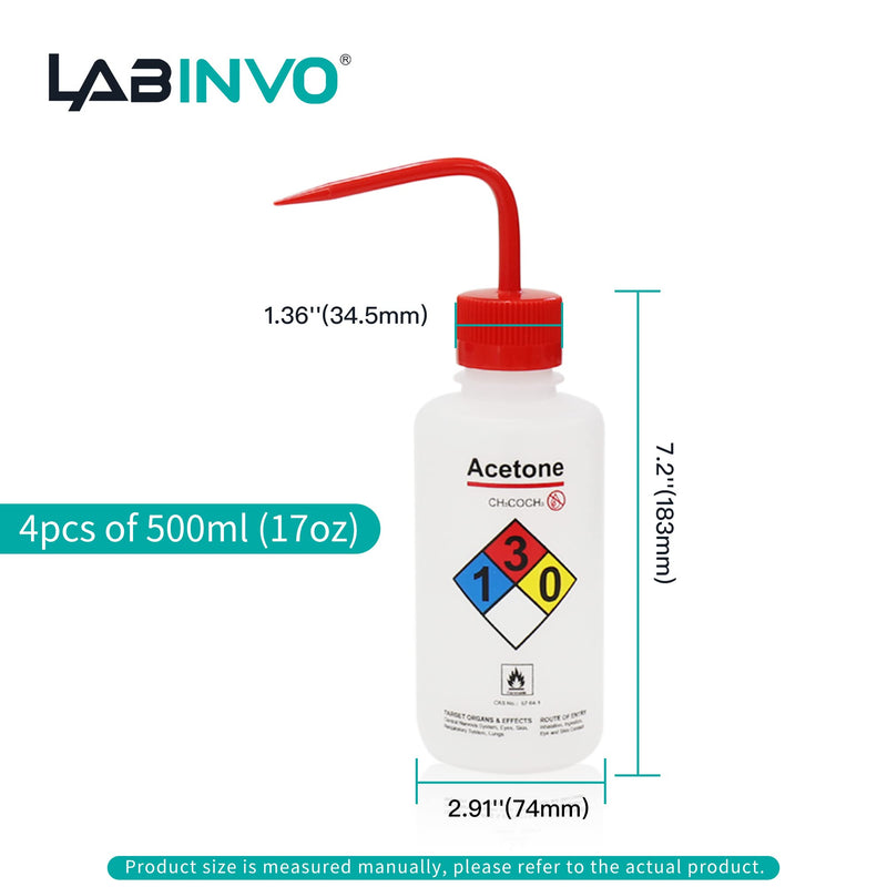 4pcs of Acetone Wash Bottles, Vol.500ml (17oz), Narrow Mouth, Self-Venting Safety Wash Bottles, LDPE Material, IN-WBA500