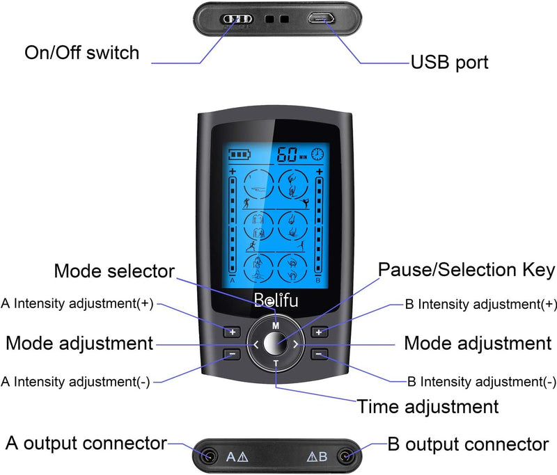 Belifu Dual Channel TENS EMS Unit 24 Modes Muscle Stimulator for Pain Relief Therapy, Electronic Pulse Massager Muscle Massager with 10 Pads, Dust-Proof Drawstring Storage Bag, Fastening Cable Ties Black