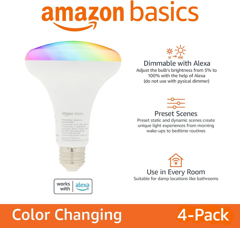 Amazon Basics Smart BR30 LED Light Bulbs, Color Changing, 9W (60W Equivalent), 800LM, Energy Efficient, Voice Control, Works with Alexa Only, 2.4 GHz Wi-Fi, No Hub Required, 4-Pack 4 Pack