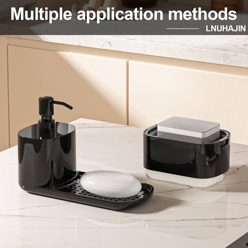 Kitchen Soap Dispenser Set with Tray and Sponge Holder, Dish and Hand Soap Dispenser with Dishcloth Holder 4-in-1 Kitchen Sink Countertop Storage Organizer, Useful Kitchen Gadgets -Black Black