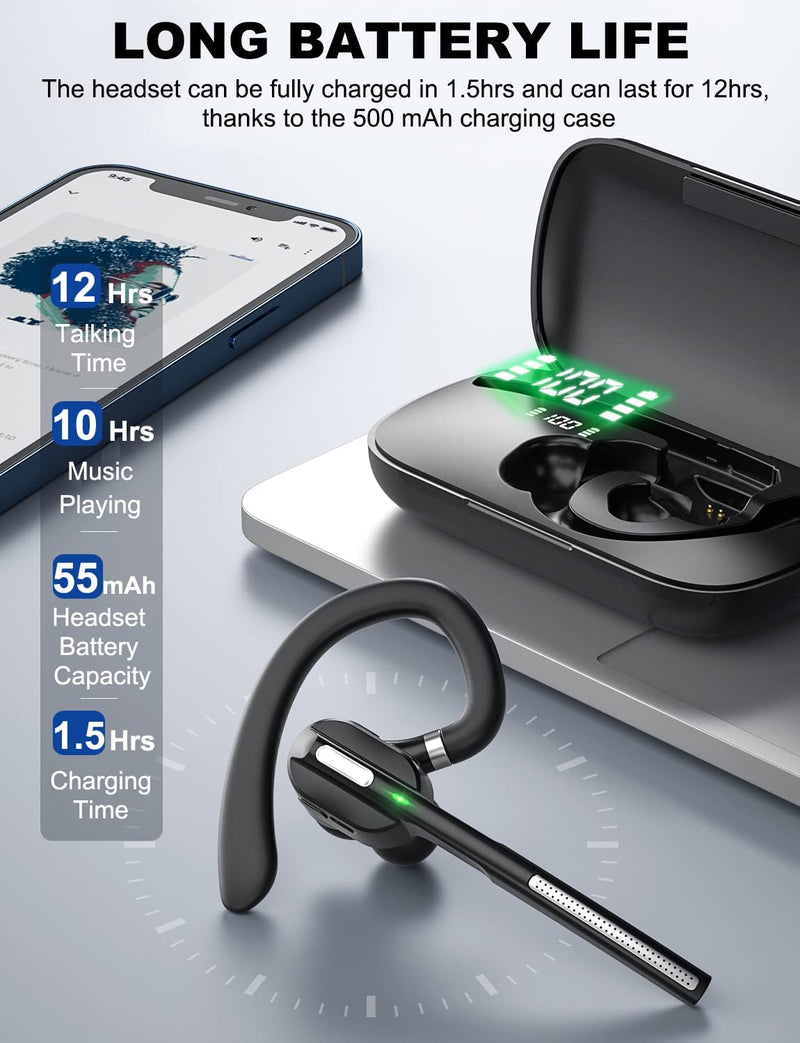 Wireless Bluetooth Headset with Charging Case & Battery Display, Noise Canceling Earpiece for Driving and Office, Hands-Free Headphone Compatible with Cell Phone PC