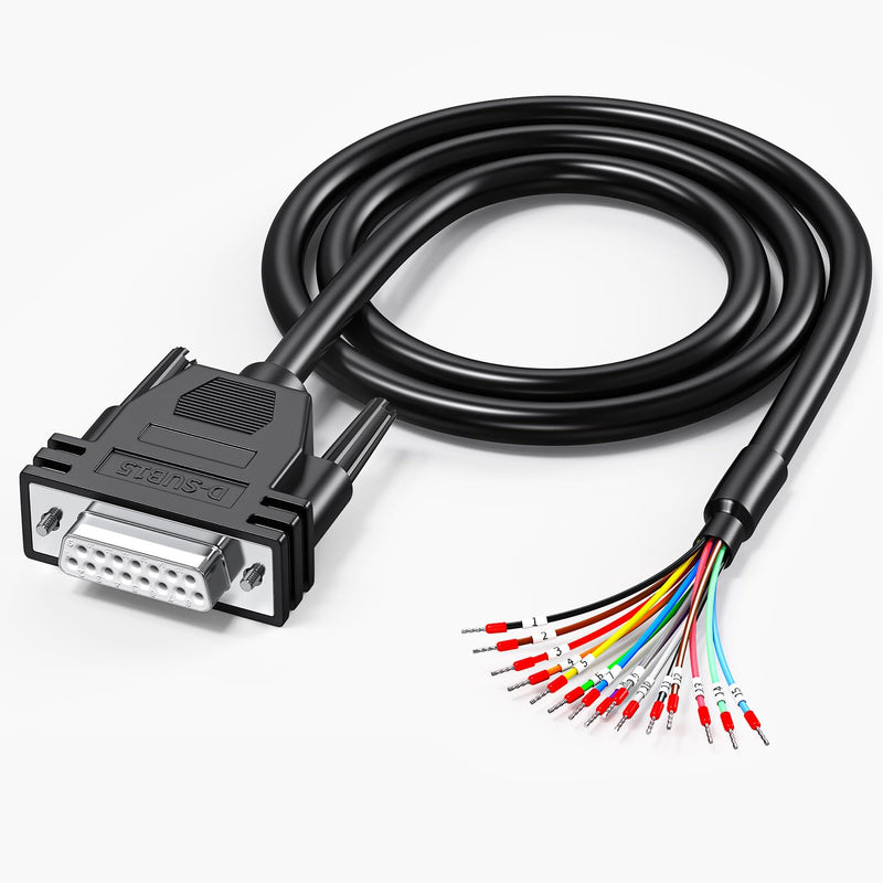 DB15 Female to Bare Wire with Cable Marker 3.3ft,D-SUB 15-Pin Connector to Bare Wires End Open Cable,DB15 Cable 15 Wires All Provided with Wiring Terminals -Black DB15 female with cable marker 3FT