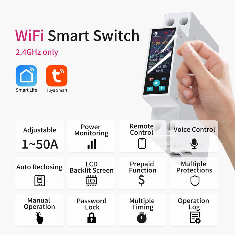 TONGOU Smart Wifi Switch, 1P+N AC90-240V 1-50A, Smart Life/Tuya APP Remote Control, with Power Monitoring, Export/Clear Power Data, DIN Rail Mounted, with LCD Display, Recloser Function, FCC Certified
