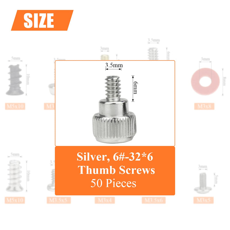50 Pieces 6-32 Thread, Silver Color 6#-32x6 Computer Case Thumbscrews, Thumb Screws for Computer Case/Cover/Power Supply/Hard Drives Silver, thumb screws, 6#-32x6