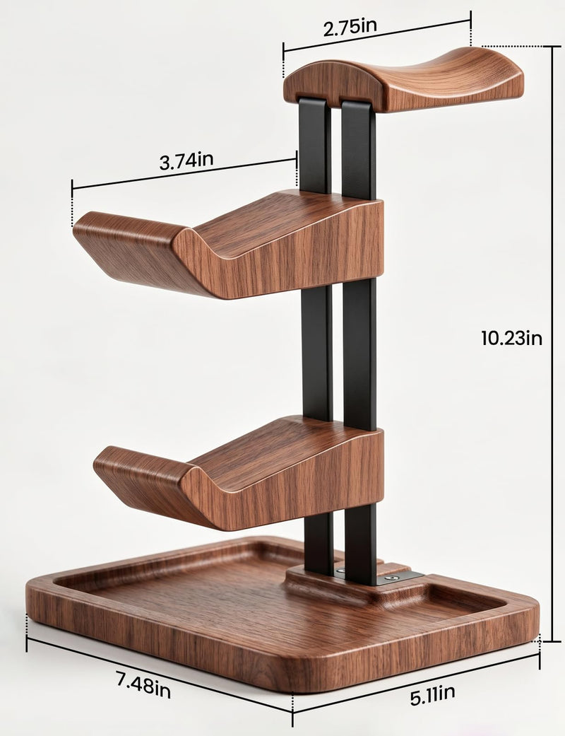 LOXP Walnut Headphone and Controller Stand, 2-in-1 Holder with Storage | Solid Wood Gaming Headphone Stand, Built-in Storage, Non-Slip, Fits Xbox PS5 Switch Controllers, Desktop Organizer for Gamers