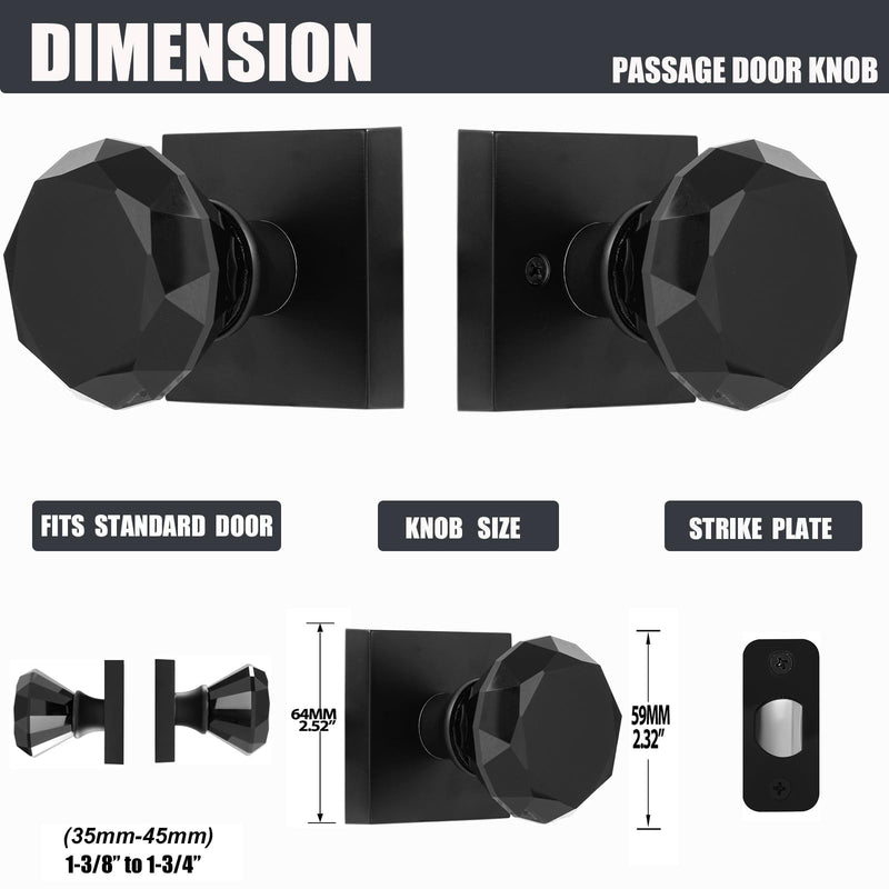 Matte Black Glass Crystal Door Knobs Interior, Modern Black Diamond Passage Square Clear Door Knobs for Closet Hallway Matte Black Finish and Black Glass