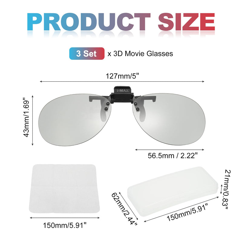 MECCANIXITY 3 Set Polarized Clip-on 3D Glasses, Passive Circular 3D Viewing Glasses Frames with Glass Case and Eyeglass Cloth for Image Maximum Movies Theater Games TV (Metal Clip)