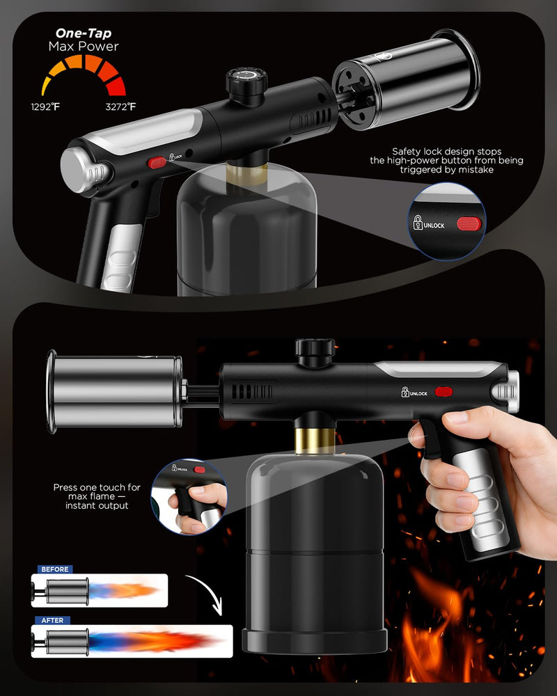 Propane Torch Gun & Weed Burner Torch - Adjustable Flame Thrower Gun with Safety Lock & One-Touch Max Fire, Cooking Blow Torch for Searing, Charcoal Starter, BBQ & Weeding (Tank Not Included)