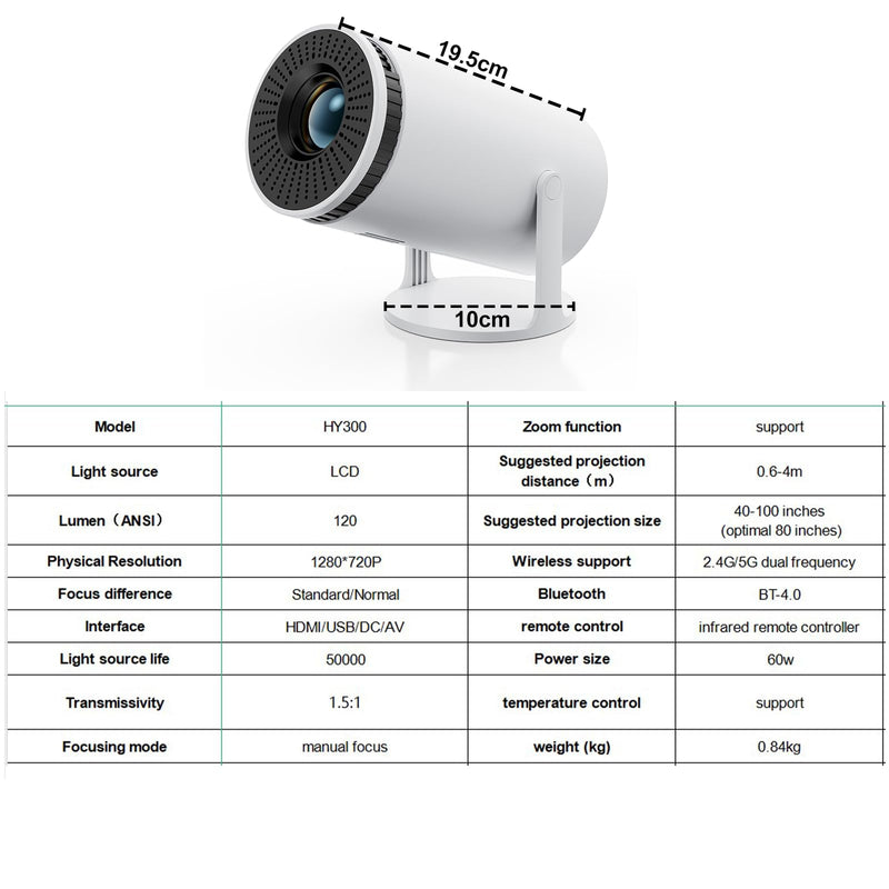 Mini Smart Vision Beam Projector, with Build In APP, Wifi 6 and Bluetooth 5.0, 720P, 1.2-4M Projection Distance ,40"-130" Projector Size, Portable, for Home, Office, Party