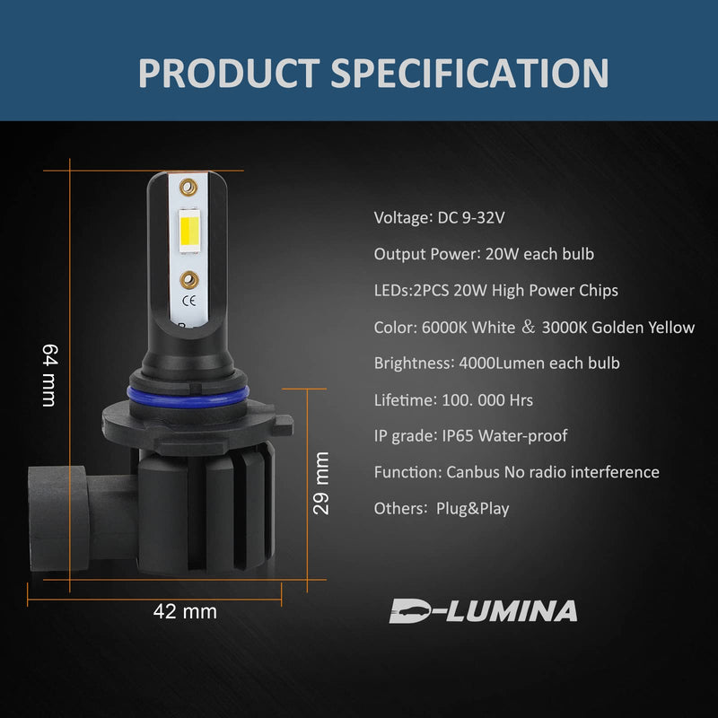 D-Lumina H10 Switchback LED Fog Light Bulbs, 8000 Lumens 40W 300% Brightness Dual Color 6000K Xenon White/3000K Golden Yellow, 9145 9140 9045 9040 LED Fog Light DRL Bulb Upgrade Replacement, Pack of 2 Golden Yellow ＆ White