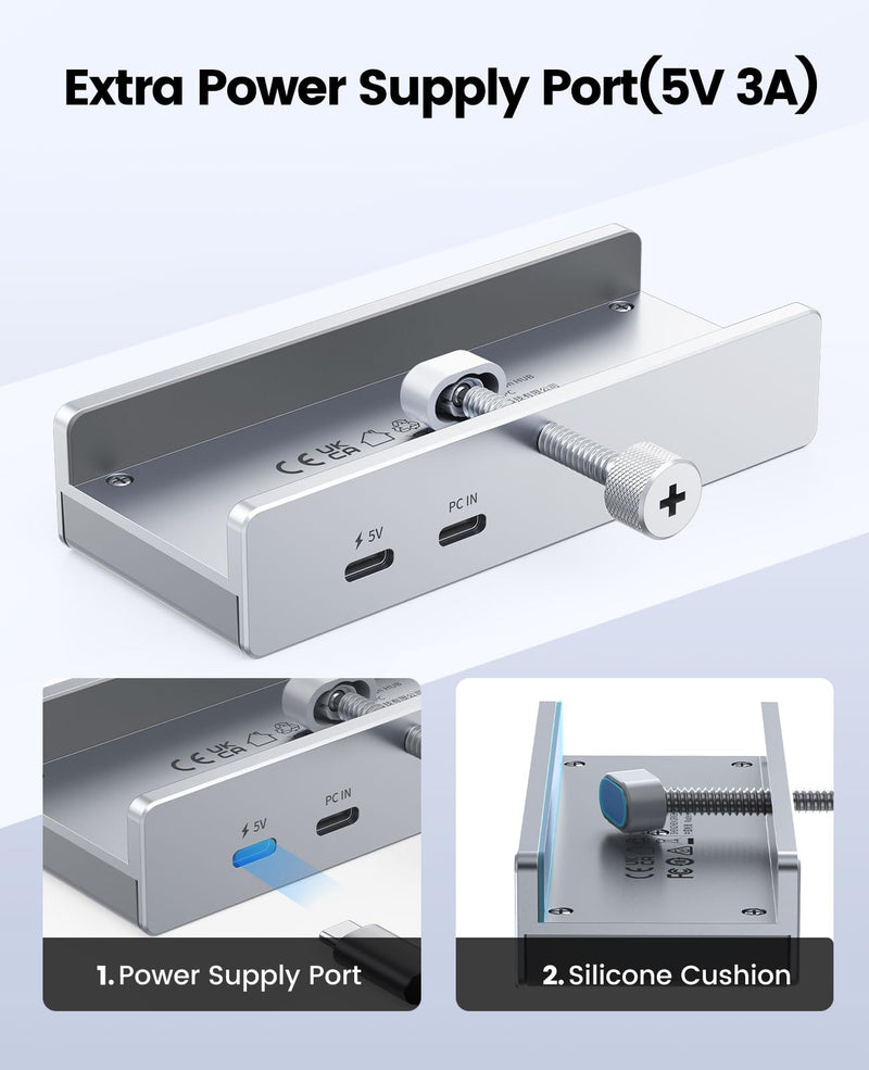ORICO USB Hub 3.0, Clamp USB Hub with Extra Power Port, Aluminum 4-Port USB Adapter with 3 USB-A Data Ports, USB-C Port for Monitors, Desks(Silver) Silver