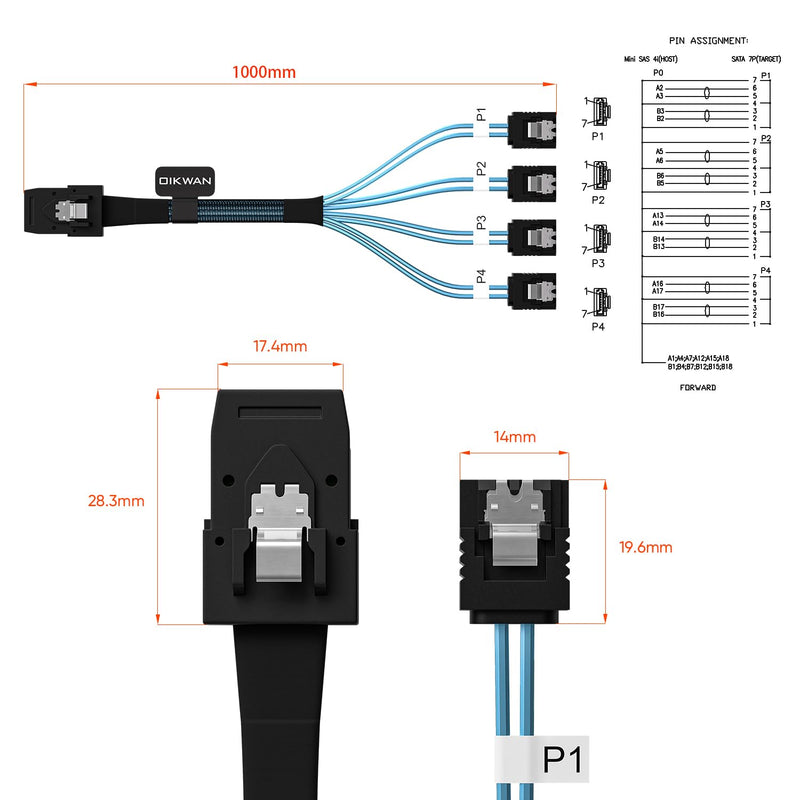 Mini SAS to 4 SATA Cable, 36 Pin SFF 8087 Host/Controller to 7 Pin SATA Target/Backplane, Compatible with PERC H310, RAID Controller(1M / 3.3FT)