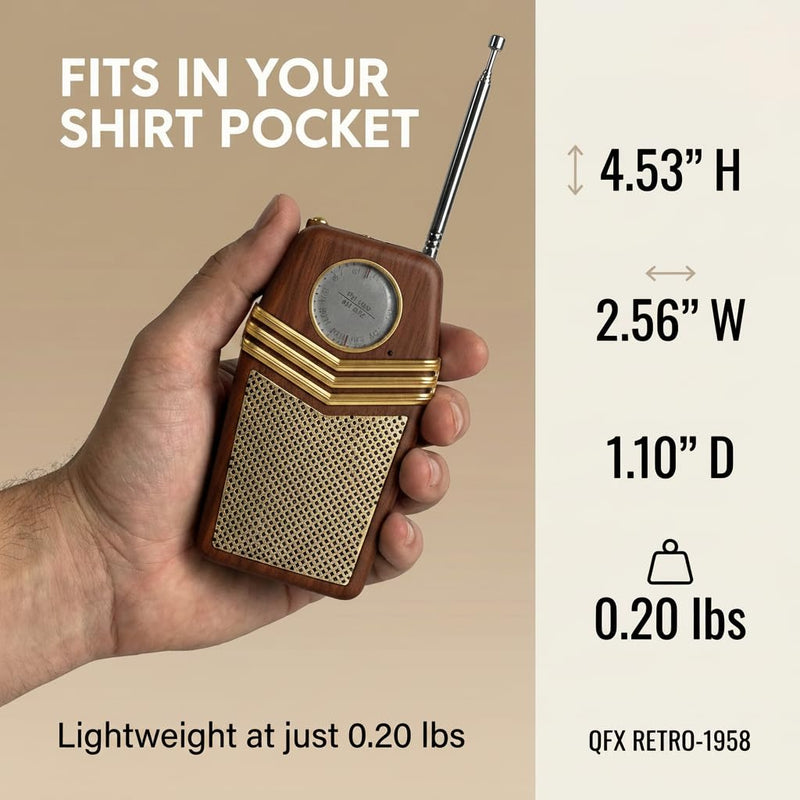 QFX Retro Portable Transistor Pocket AM FM Radio, RETRO-1958, Wood | Telescoping Antenna, High-Fidelity Speaker, Headphone Jack, Battery Operated, Classic 1950s Design