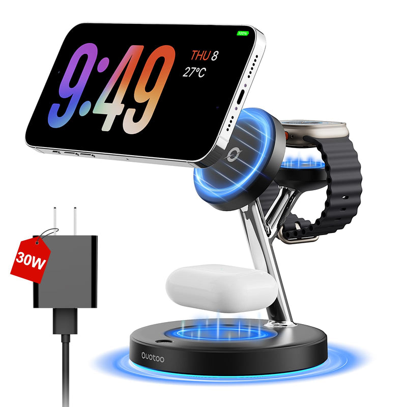 2024 Version 3 in 1 30W Supper Fast Wireless Charging Station for iPhone Apple Watch AirPods, Magnetic Charger Stand Dock Multiple Devices for 15/14/13/12/, iWatch, AirPods 3 2 Pro (black) black