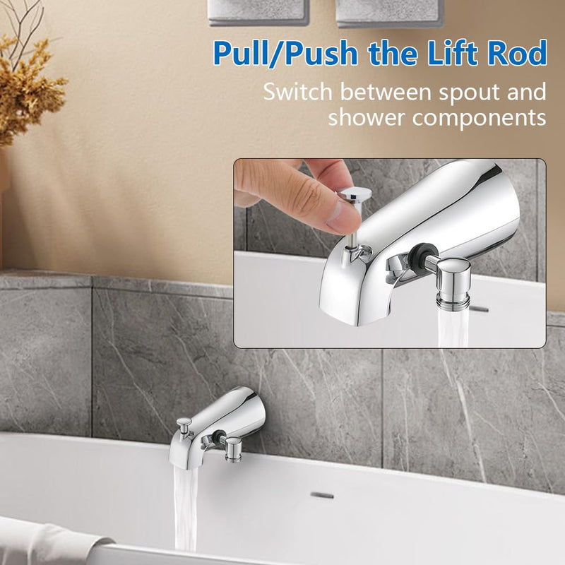 Chrome Tub Spout with Diverter slip fit 1/2 inch Copper Tube, High Pressure filtered Handheld Shower with 3 Spray Modes On/Off Switch, 59 inch hose, Bracket, No Drill Required Install Shower set