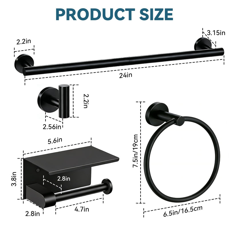 5-Piece Matte Black Bathroom Accessories Set, 24-Inch Wall-Mounted Towel Bar, Toilet Paper Holder with Shelf, SUS 304 Stainless Steel Bath Hardware, Towel Rack for Bathroom, Kitchen, Laundry Room