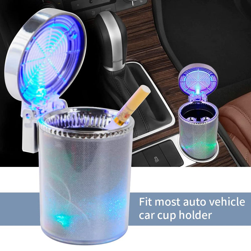 Bosaidong Car Ashtray, Auto Ashtray With LED Light, Mini Car Trash Can, Portable Ashtray with Lid Suitable for Most Vehicles, Silver